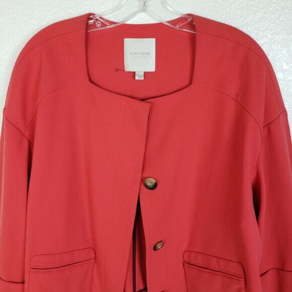 NWOT Nordstrom Collection Blazer Boxy Fit Coral Red sz L Square Neck 3/4 Sleeves - Picture 3 of 13